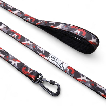 Dog leash with camouflage pattern on a white background