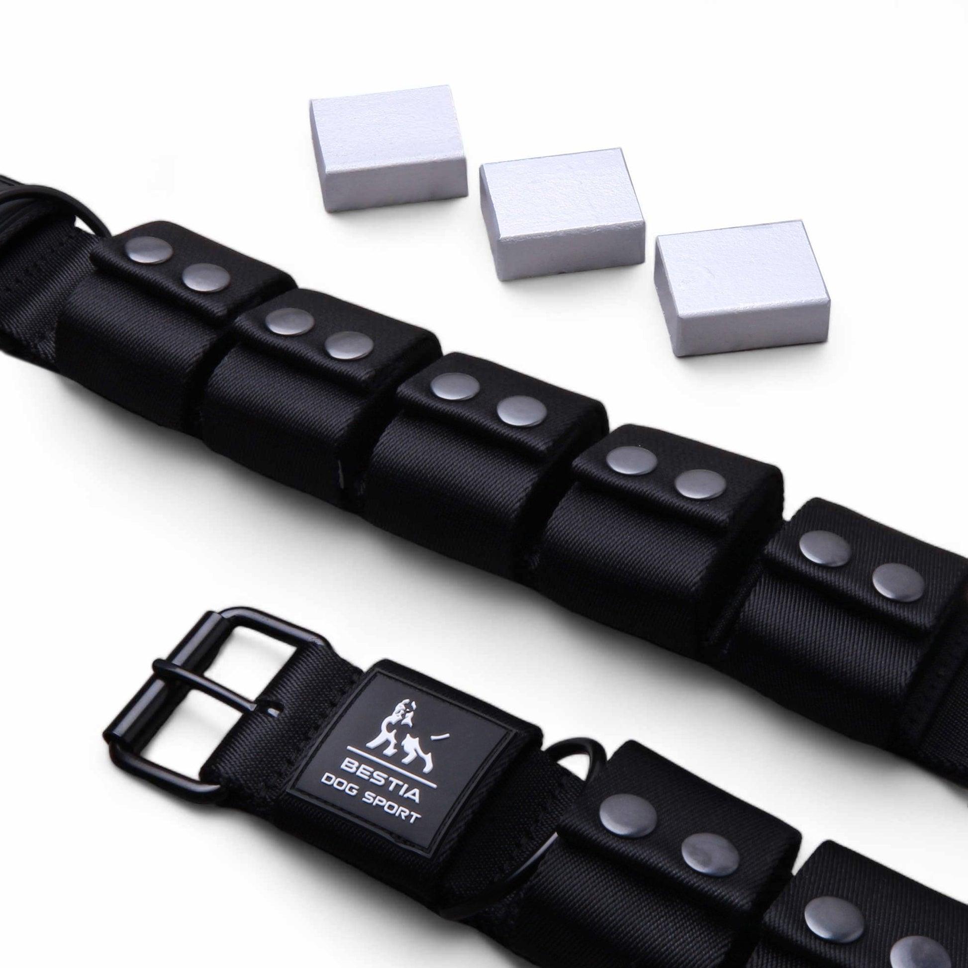 Black dog collar with metal studs and a visible brand logo on a white background