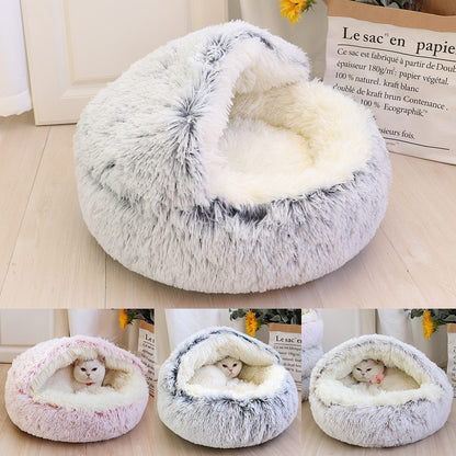 Fluffy pet bed with a small dog inside, shown in different colors on a light wooden floor.