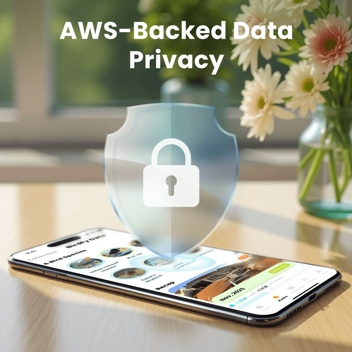 Smartphone displaying a shopping app with a shield icon and lock, symbolizing AWS-backed data privacy on a desk with flowers.