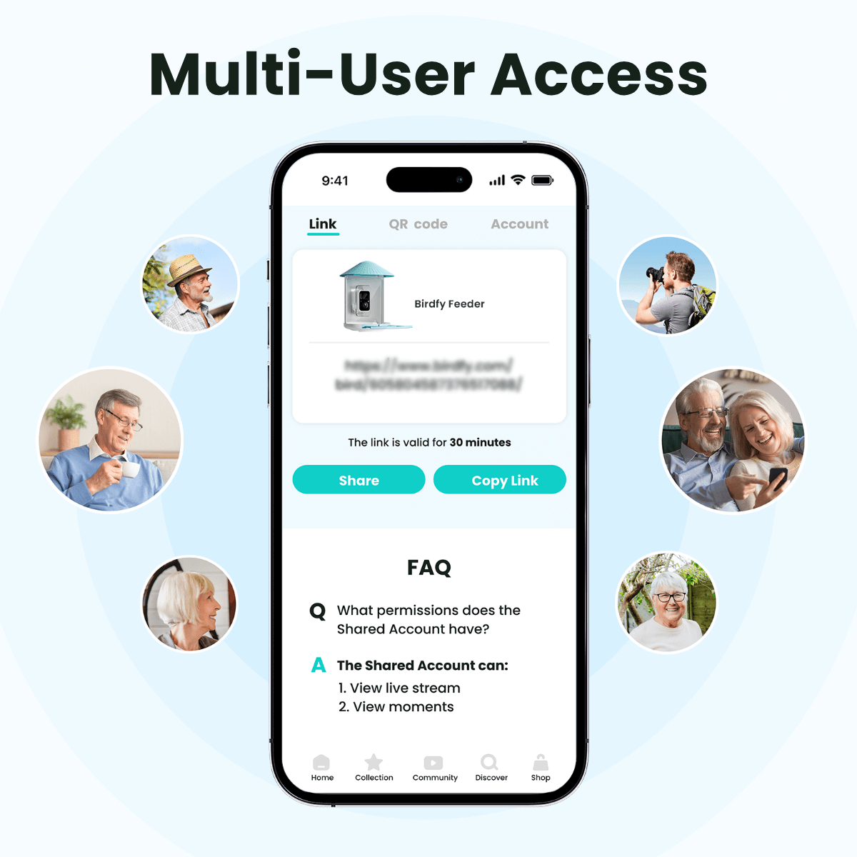 Phone screen showing multi-user access feature with app interface and user profiles.