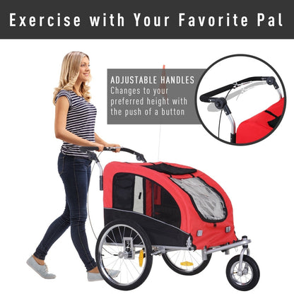 Woman pushing a red and black pet stroller with adjustable handles feature highlighted.