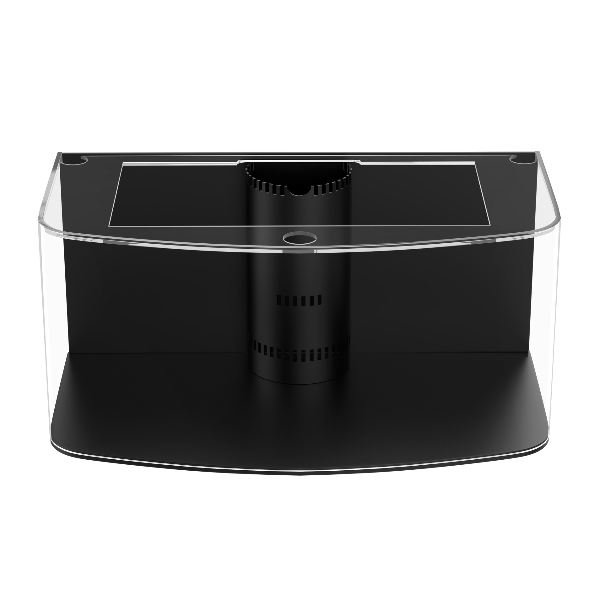 Black electronic device with transparent front panel on a white background