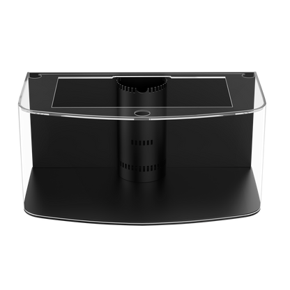 Black electronic device with transparent front panel on a white background