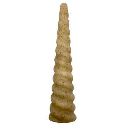 Decorative cone-shaped object with a textured surface on a white background