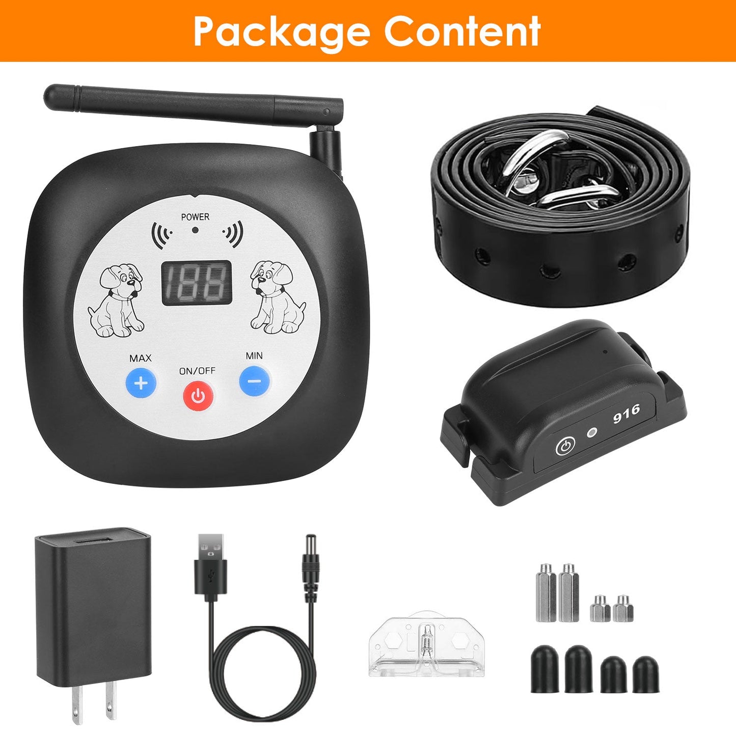 Dog training device package with various components on a white background