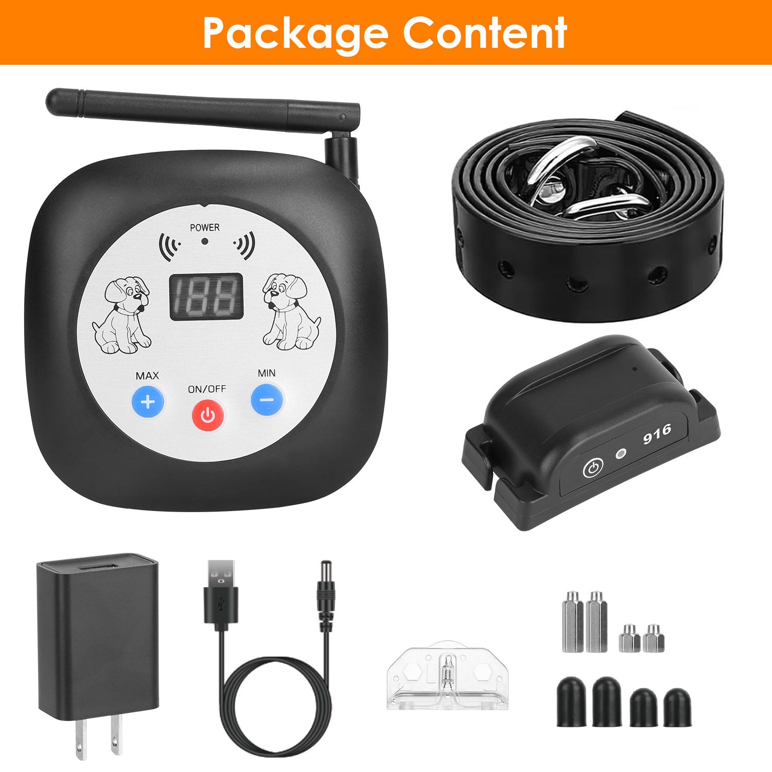 Dog training device package with various components on a white background