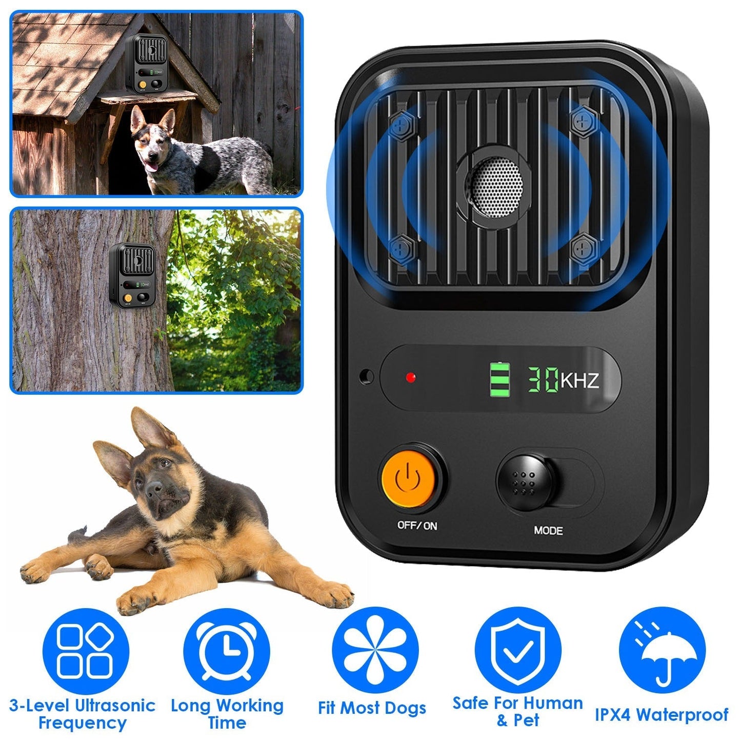 Ultrasonic Anti-Barking Device Rechargeable Auto Dog Bark Control Deterrent Box Training Device IPX4 Waterproof with 3 Frequency Max 32.8Feet Sensing