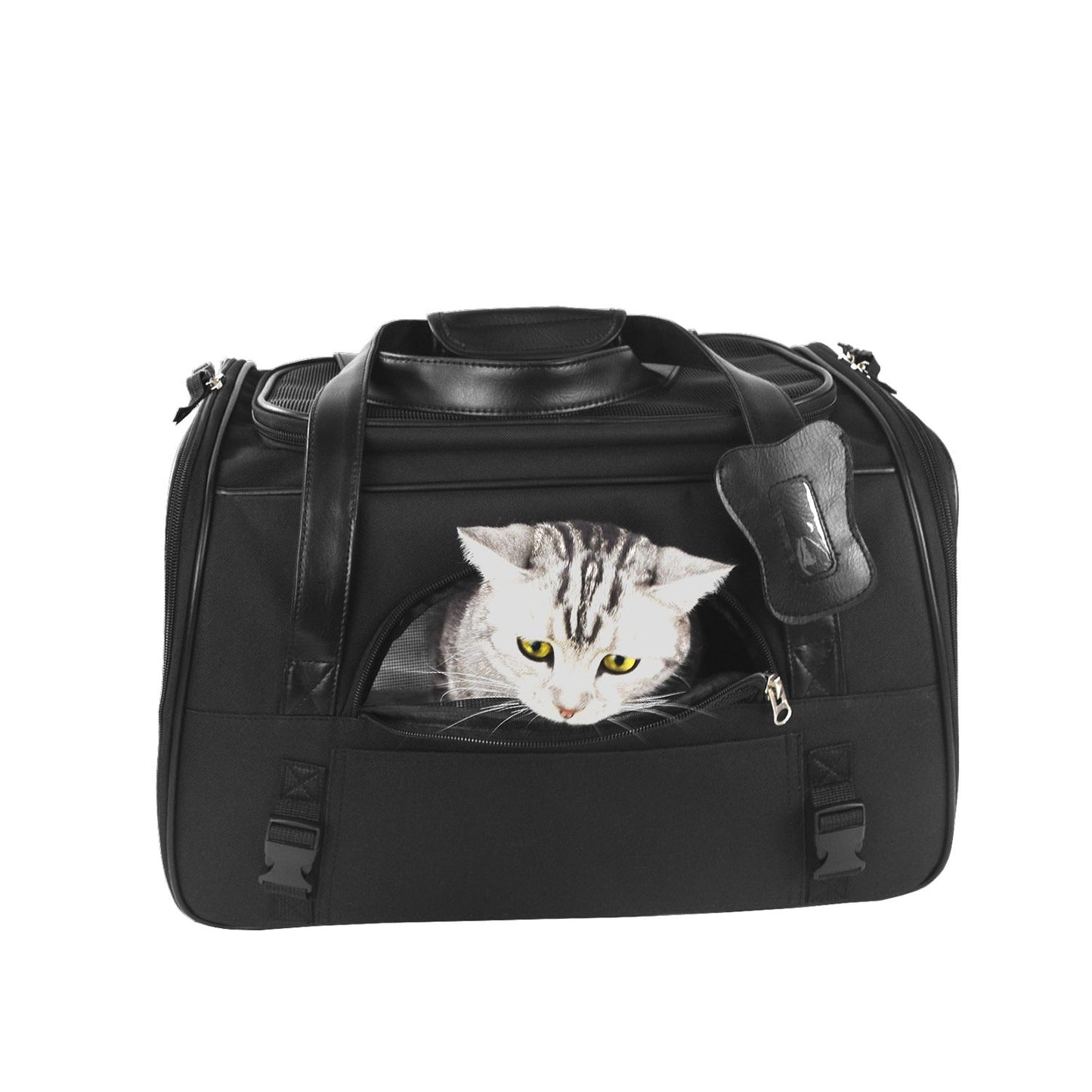 Black pet carrier with a cat peeking out on a white background