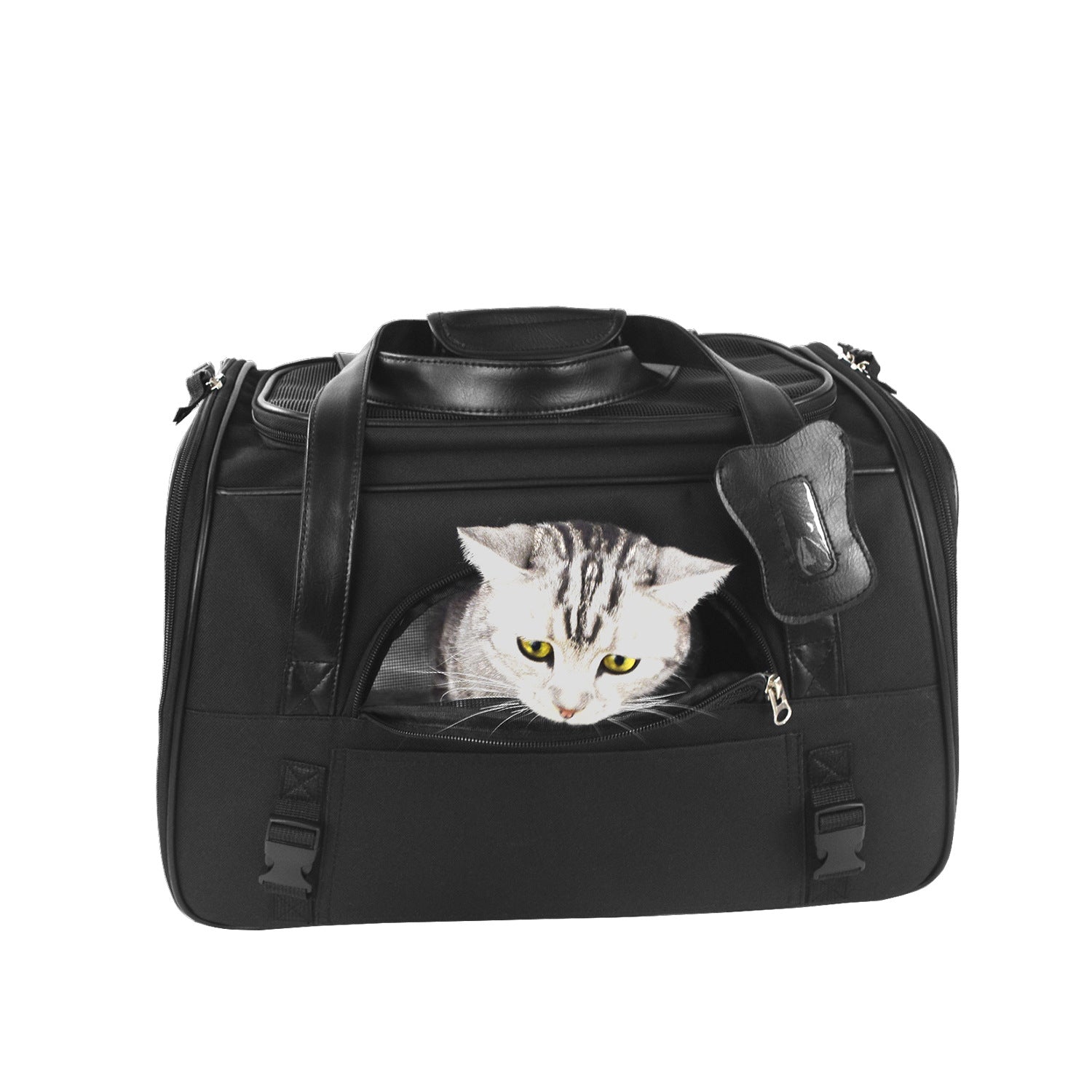 Black pet carrier with a cat peeking out on a white background