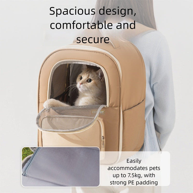 Cat in a beige backpack carrier with text highlighting features