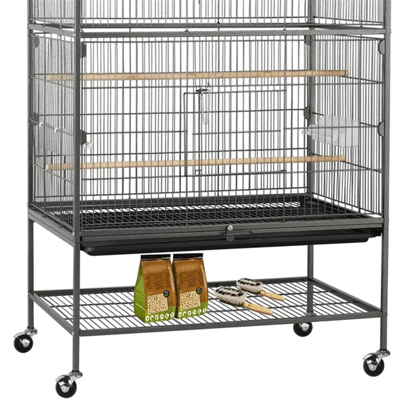 Large bird cage with wheels on a white background