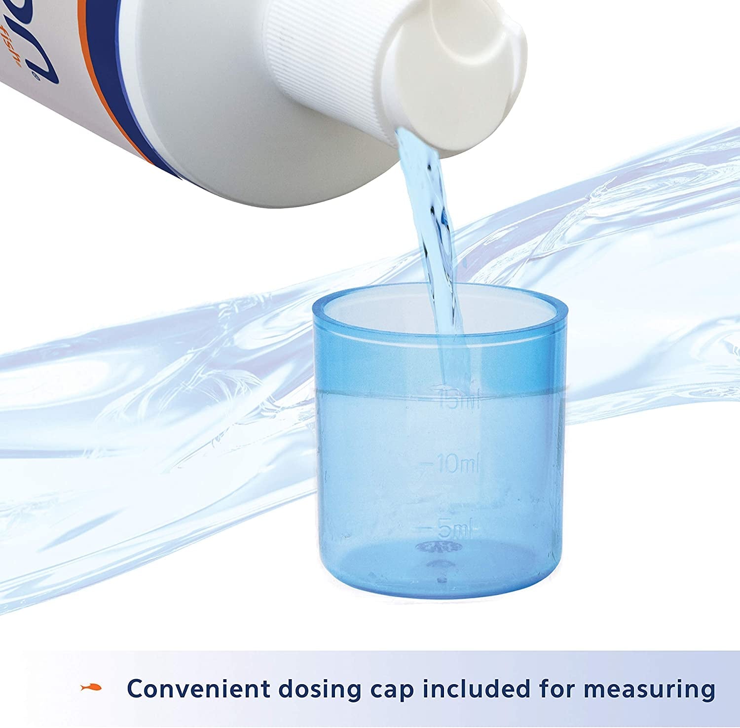 Blue liquid being poured from a bottle into a blue measuring cup with a white background.