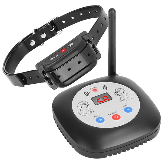 Black electronic dog collar with remote control on a white background