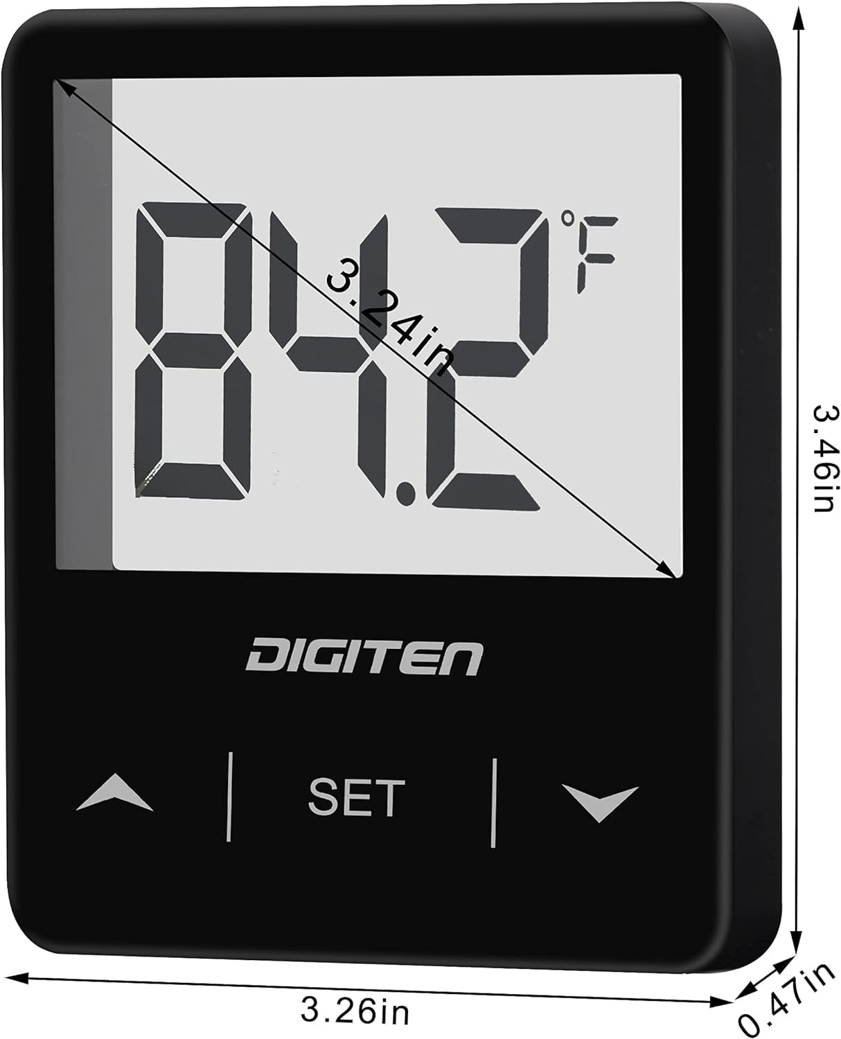 Digital thermometer with temperature display and measurement details, featuring the brand 'DIGITEN'.