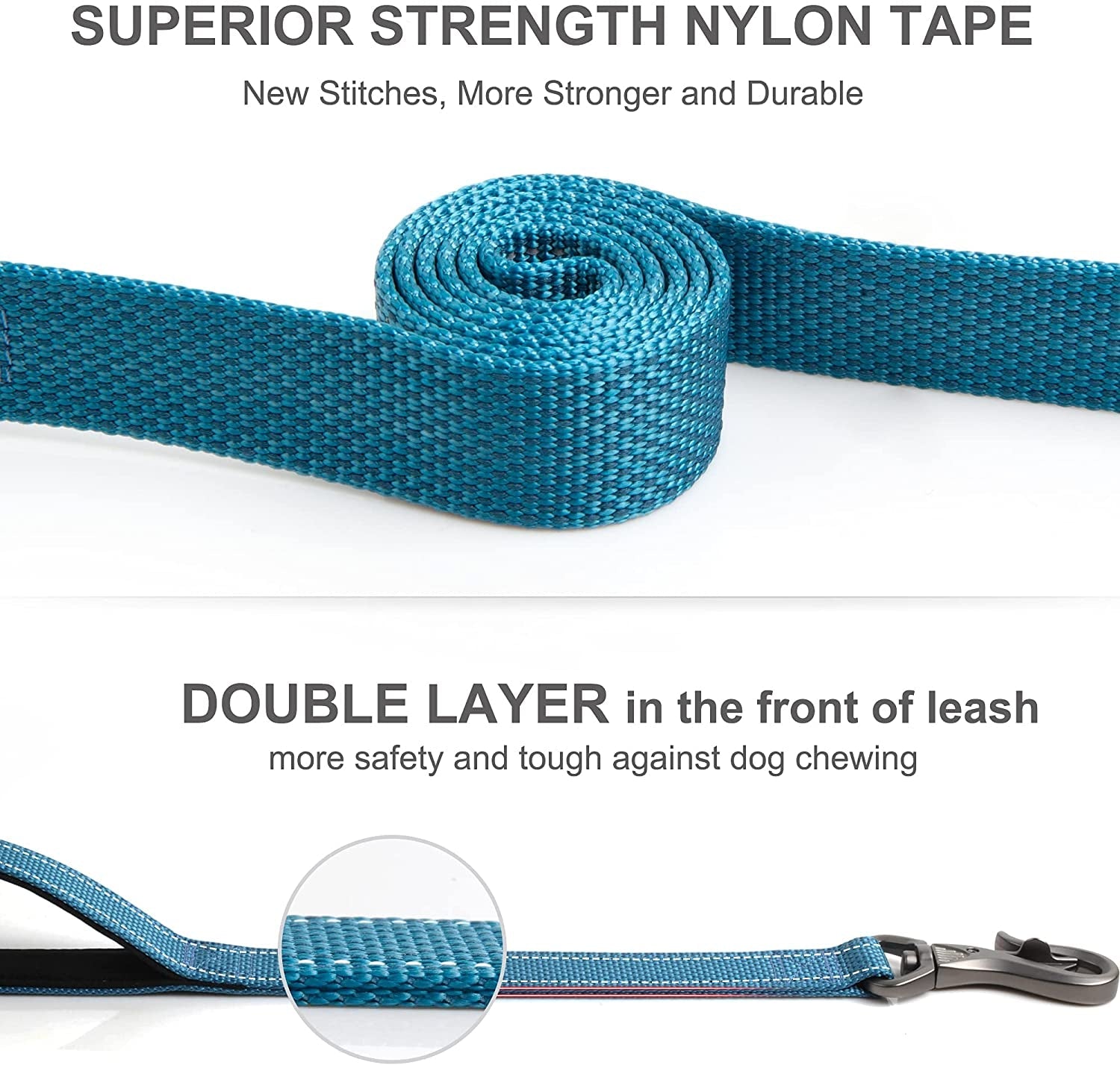 Blue dog leash with text highlighting superior strength nylon tape and double layer safety feature.