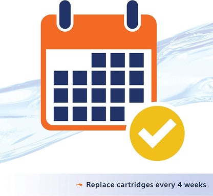 Calendar icon with blue squares and a yellow check mark on a white background, indicating cartridge replacement frequency.