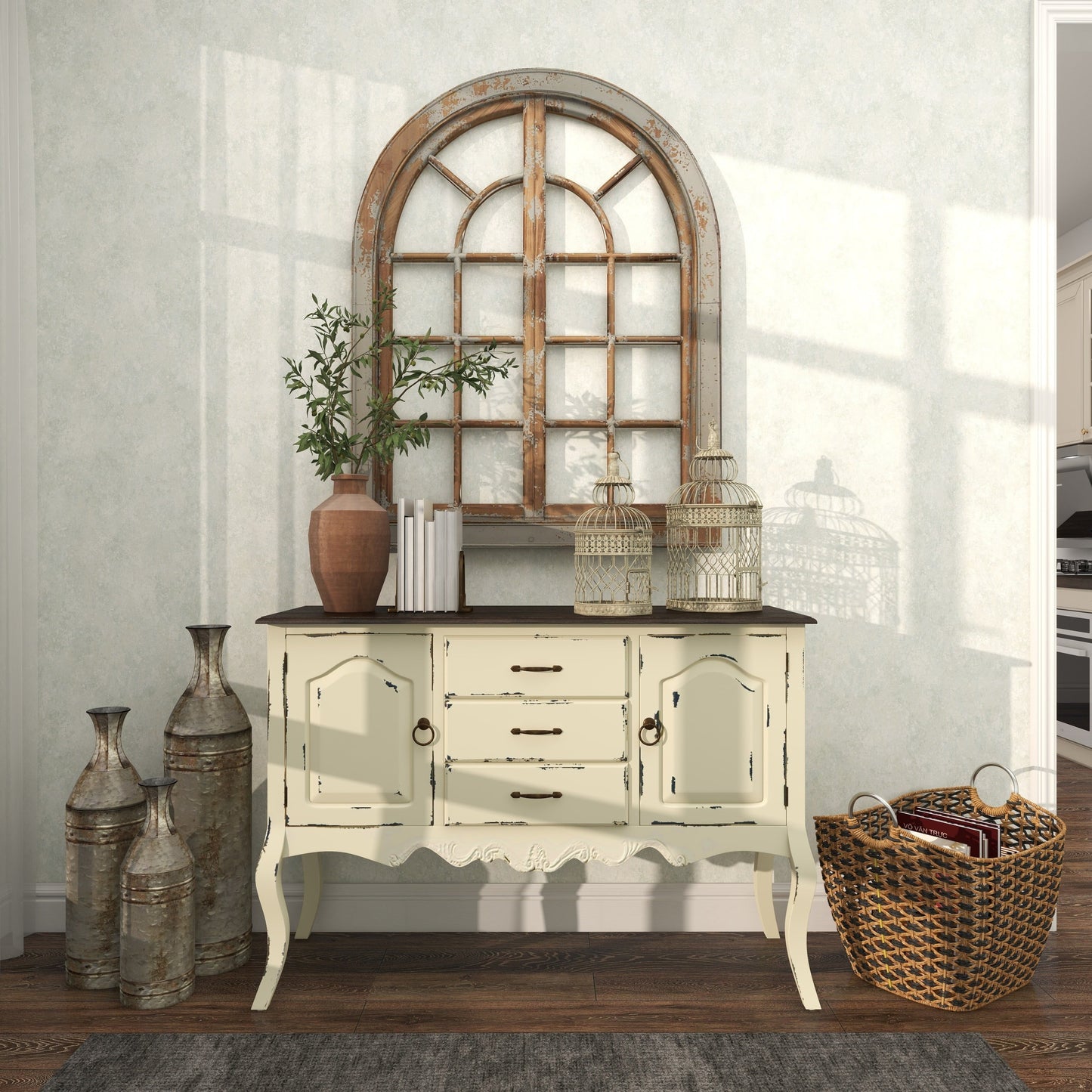Vintage-style sideboard with decorative items in a room with large windows.