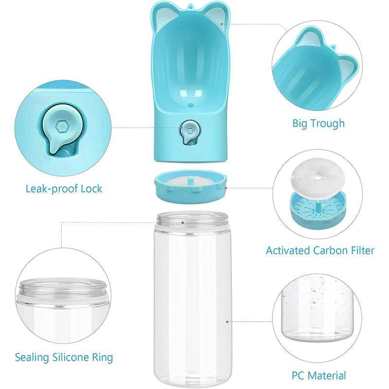 Blue pet water bottle with features highlighted on a white background