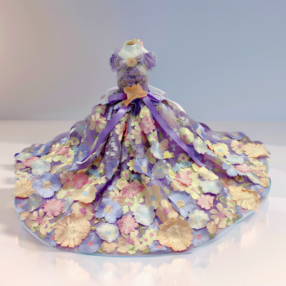 Decorative dress made of flowers and ribbons on a white background