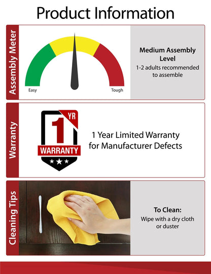 Product information card with assembly meter, warranty details, and cleaning tips.