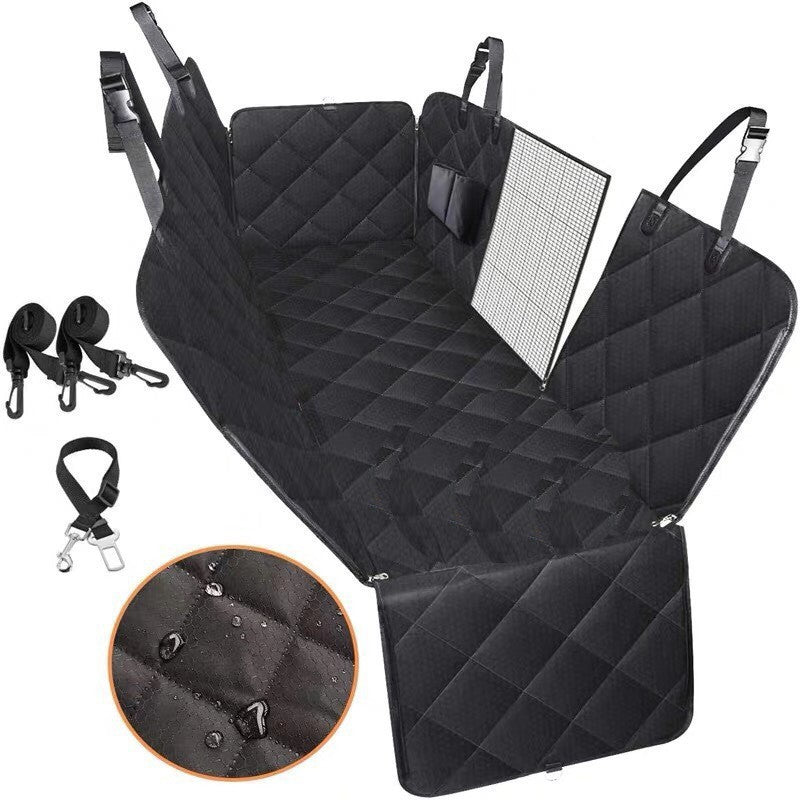 Black car seat cover with quilted design and additional accessories on a white background