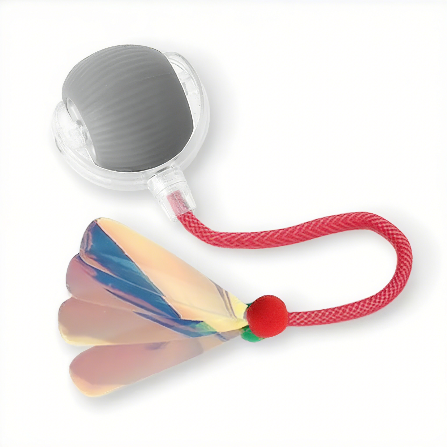 Colorful badminton toy with a red rope on a white background