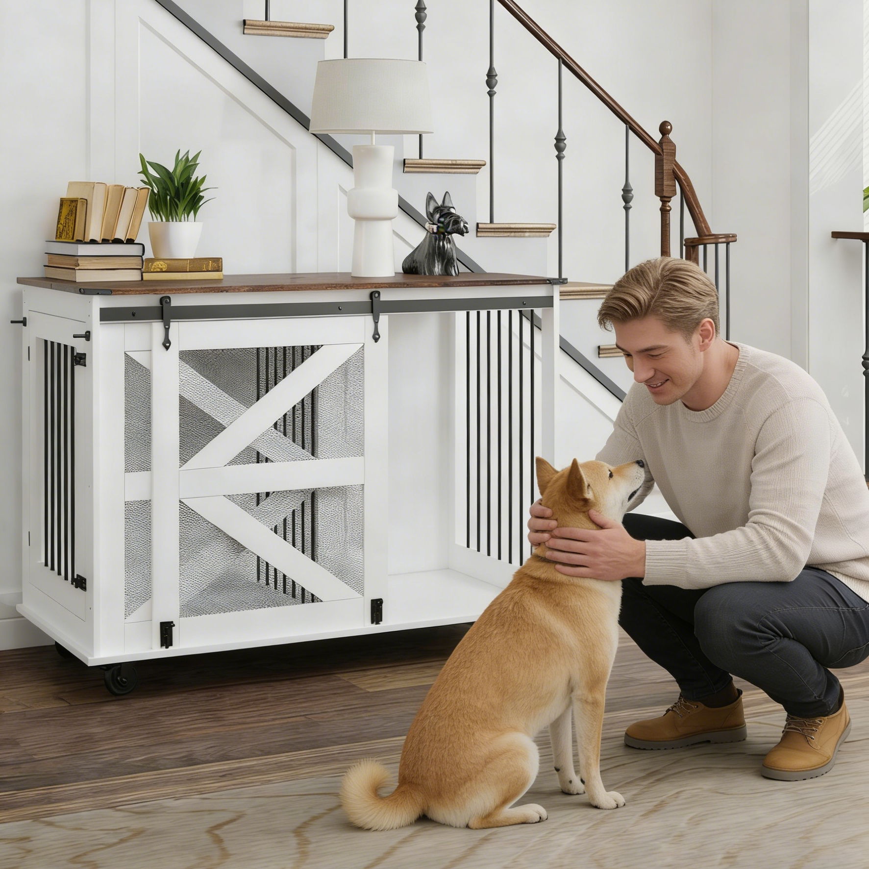 Man petting a dog in a home setting with a white pet crate.