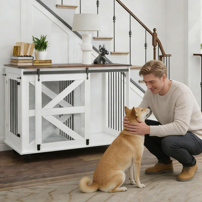 Man petting a dog in a home setting with a white pet crate.
