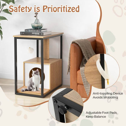 Wooden side table with cat shelter and anti-toppling device feature, surrounded by a cozy living room setting.