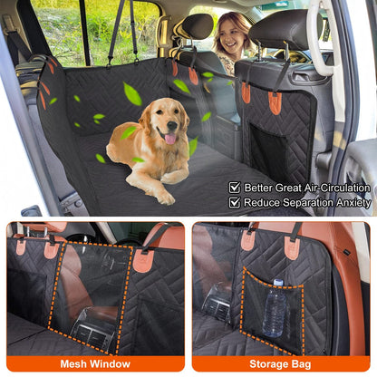 Car seat cover with a dog inside, showing features like mesh window and storage bag.