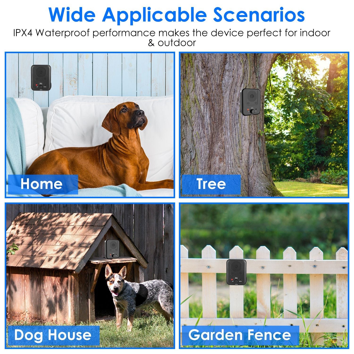 Product being used in various outdoor settings with text about its waterproof performance.