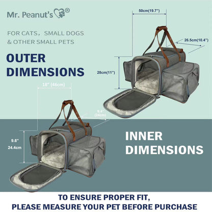 Pet carrier with dimensions labeled on a light blue background