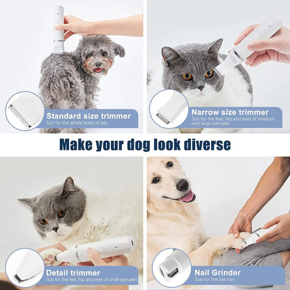 Pet grooming tools with different sizes being used on dogs and cats.