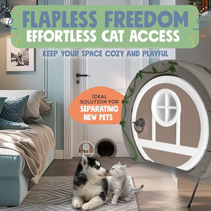 Pet door with text 'Flapless Freedom' in a room with a dog and cat.