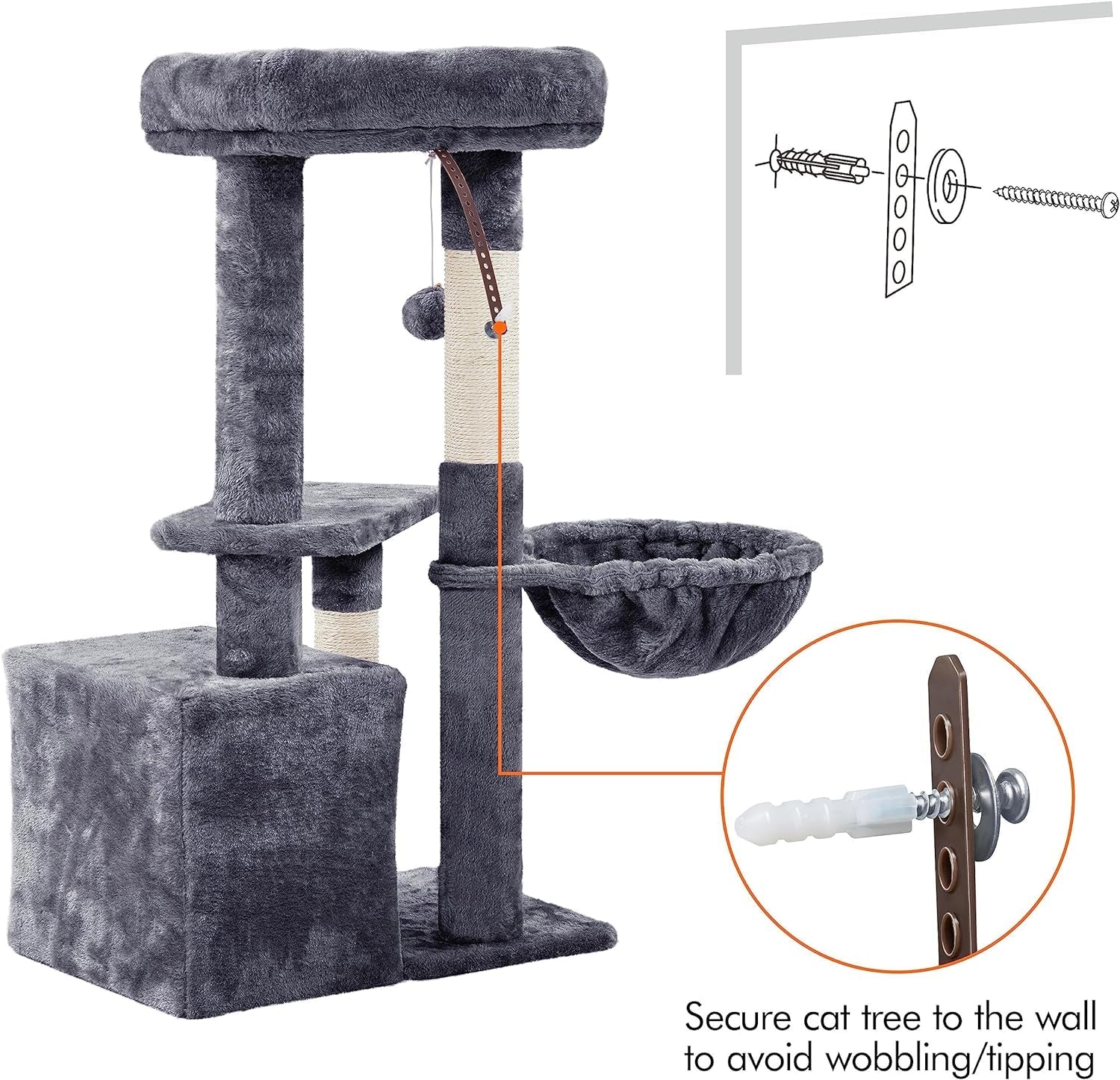 Gray cat tree with multiple levels, a hammock, and a climbing platform on a white background.