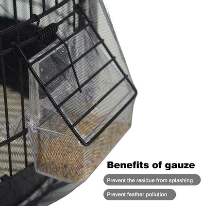Pet cage with gauze covering, showing benefits on a white background