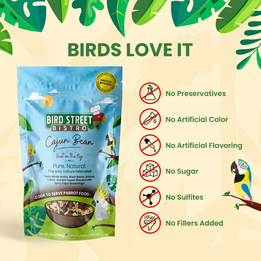 Bird Street Bistro Cajun Bean bird food package with product details on a beige background with green leaf decorations.