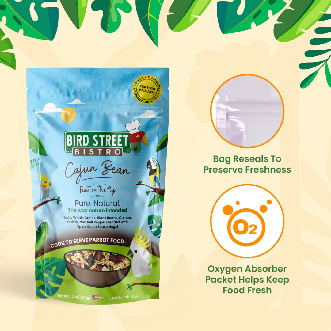 Bird Street Bistro Cajun Bean parrot food package with leaf decorations on a beige background