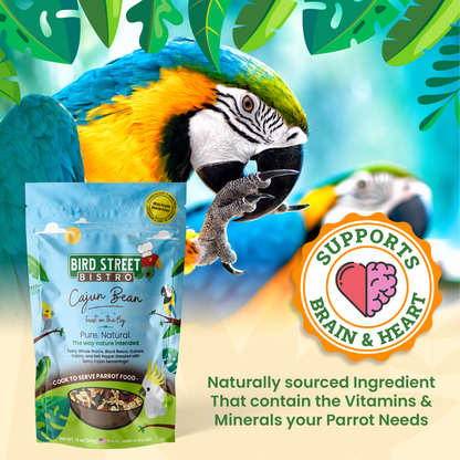 Bird Street Bistro Cajun Bean parrot food package with a parrot and text about brain and heart support.