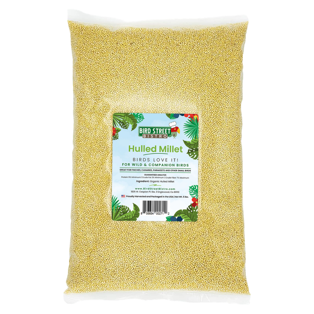 Bag of hulled millet bird seed with a label on a white background