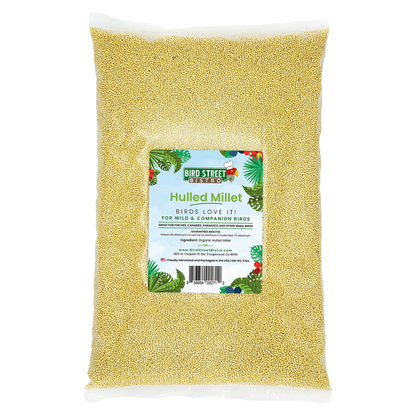 Bag of hulled millet bird seed with a label on a white background