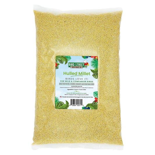 Bag of hulled millet bird seed with a label on a white background