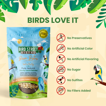 Bird Street Bistro parrot food package with green leaf border and health benefits text on beige background