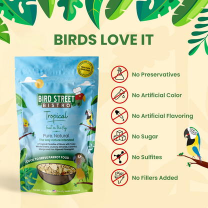 Bird Street Bistro tropical bird food package with green leaf border and health benefits listed.