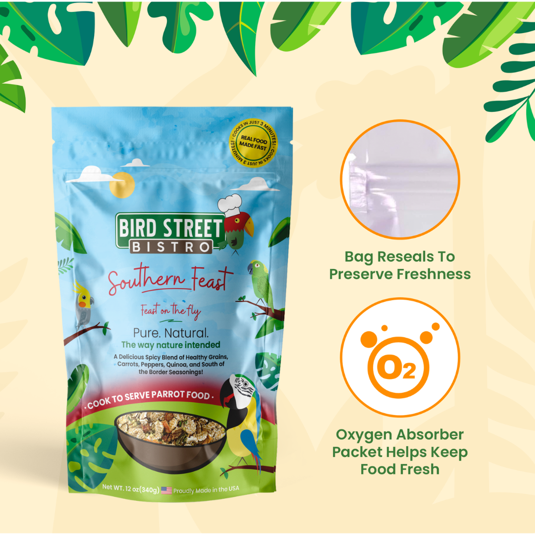 Bird Street Bistro Southern Feast parrot food package with green leaves on a beige background