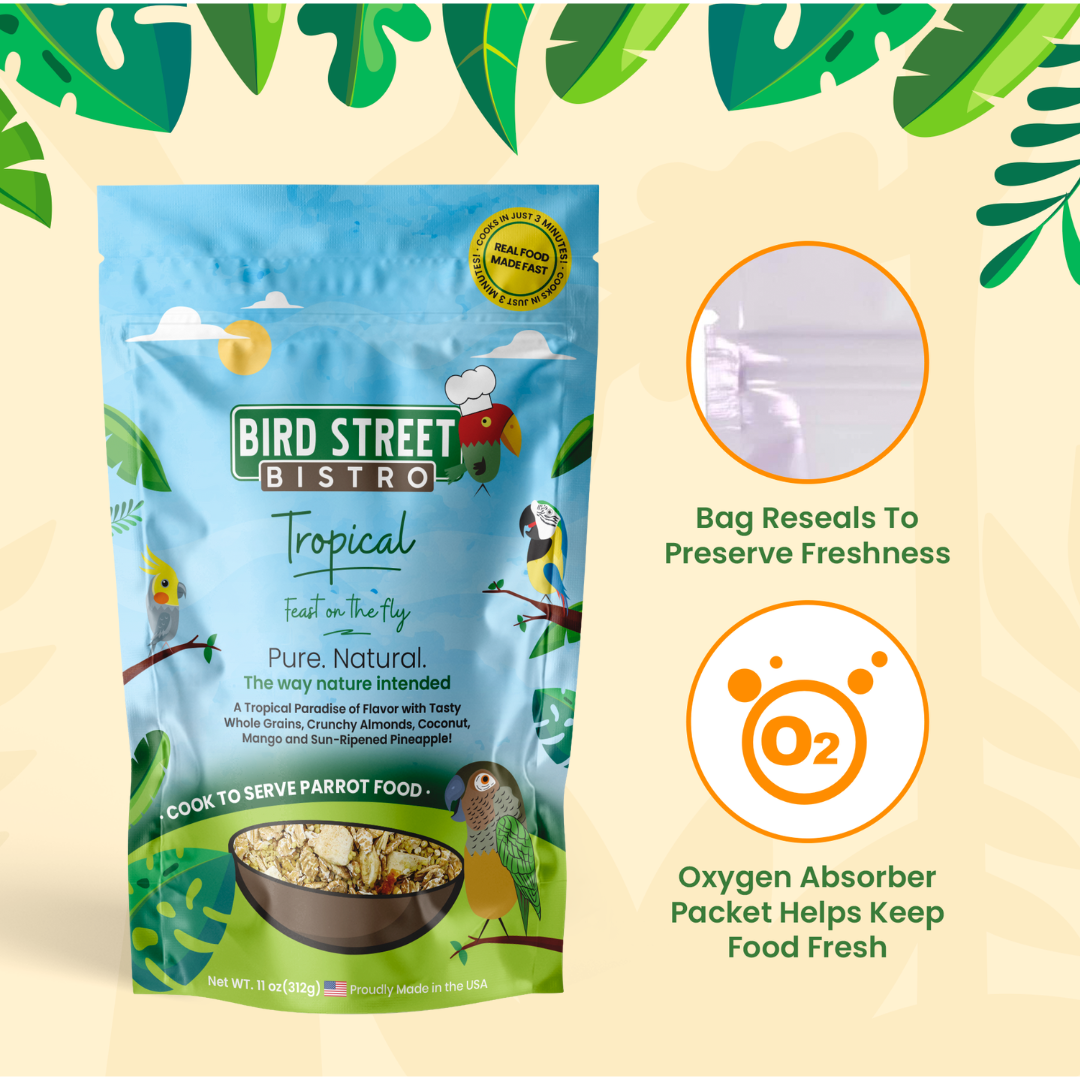 Bird Street Bistro tropical parrot food package with leaf decorations