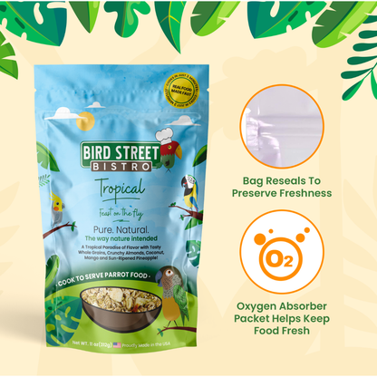 Bird Street Bistro tropical parrot food package with leaf decorations