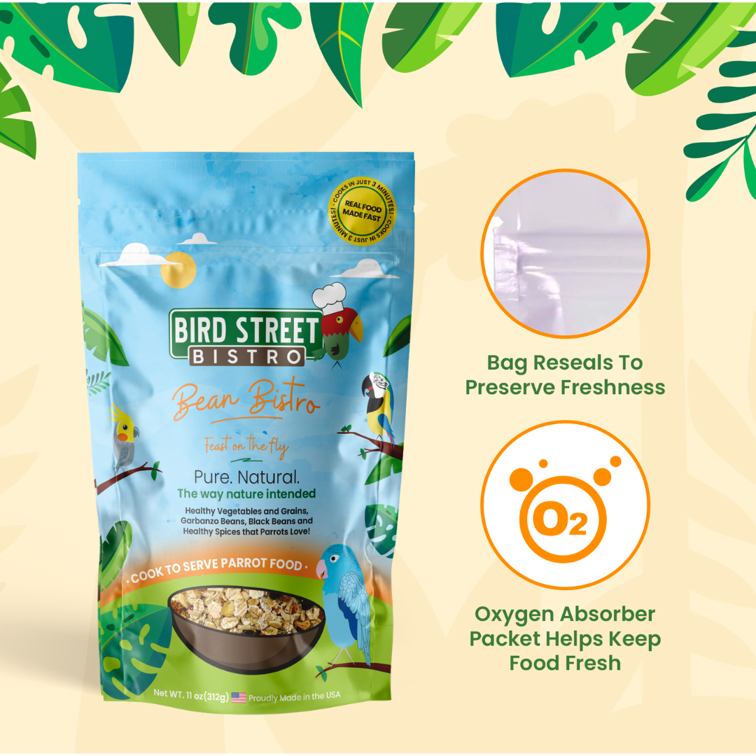 Bird Street Bistro pet food package with green leaf border