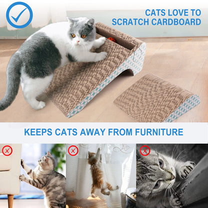2-In-1 Cat Scratcher Cardboard, Corrugated Cat Scratch Pad - Cats using a Cardboard Scratcher with Text indicating its Benefits and Drawbacks.